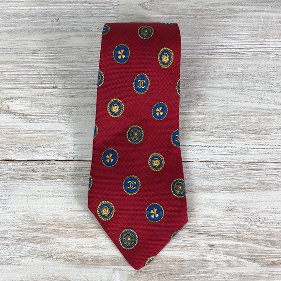 Chanel Paris CC Logo Red Silk Tie Italy - Picture 2 of 8